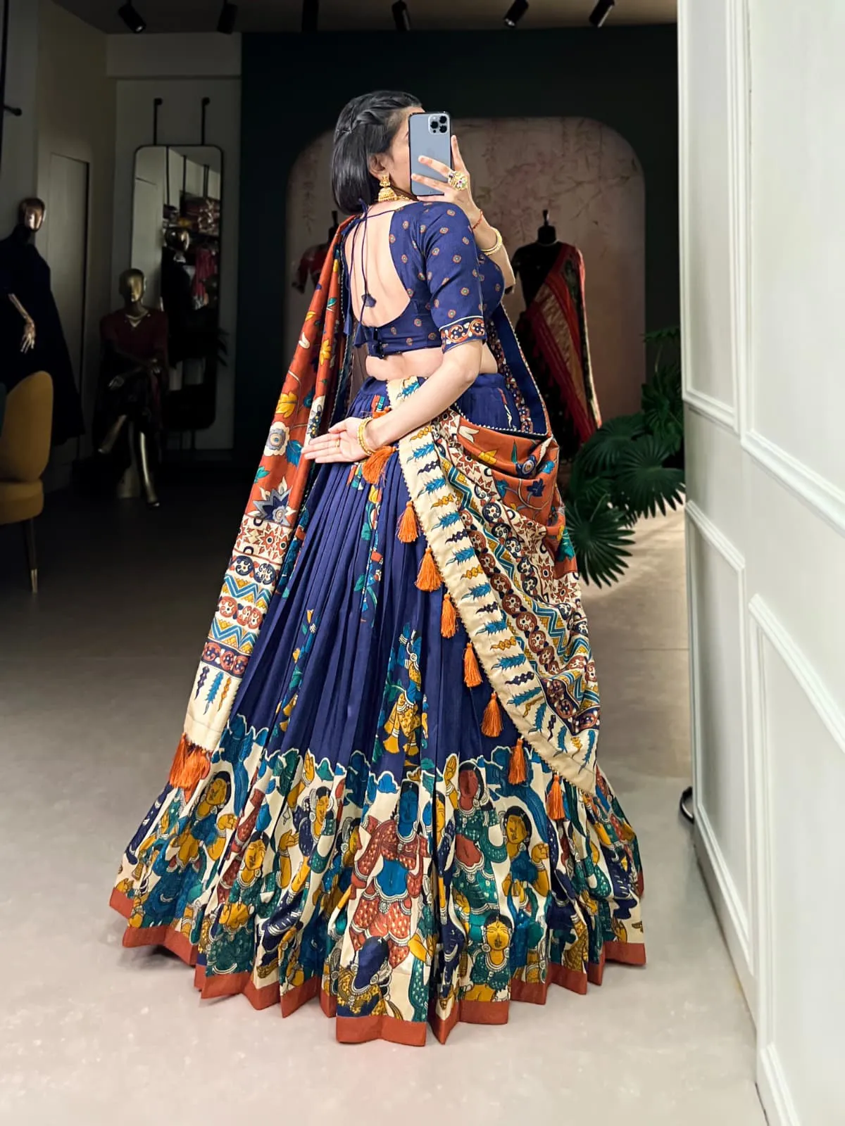 Tussar Silk Kalamkari Print Lehenga Choli For Girls