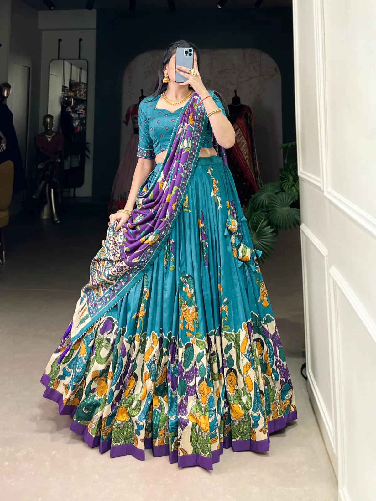 Tussar Silk Kalamkari Print Lehenga Choli For Girls
