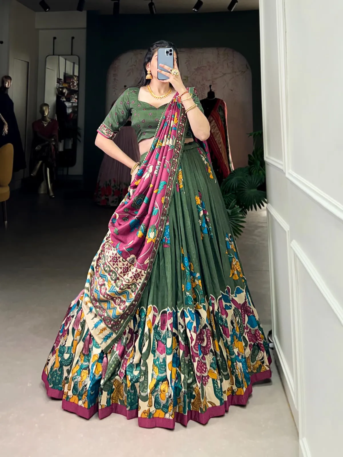Tussar Silk Kalamkari Print Lehenga Choli For Girls