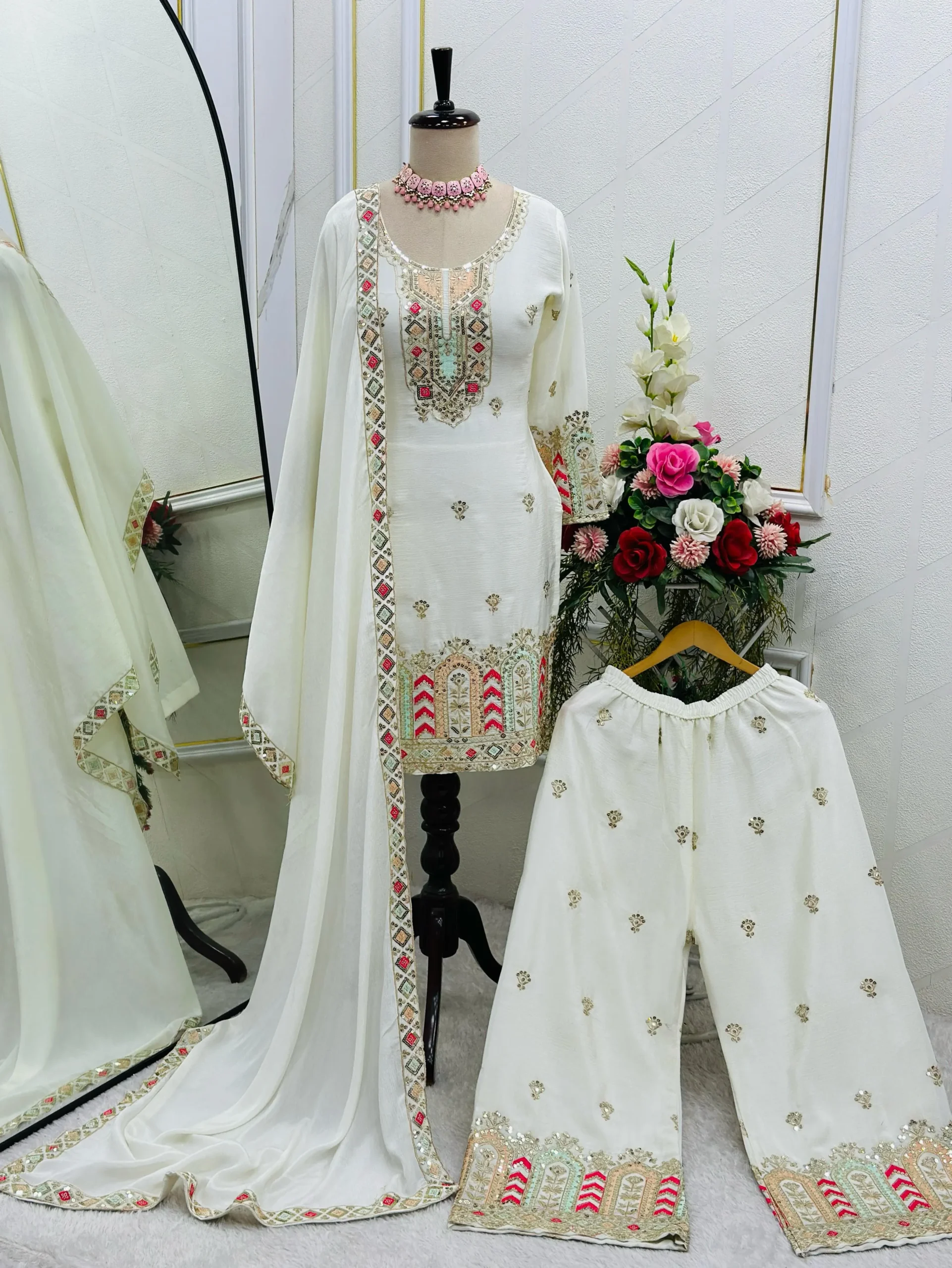 White Color Straight Salwar Suit With Multi Thread Embroidery