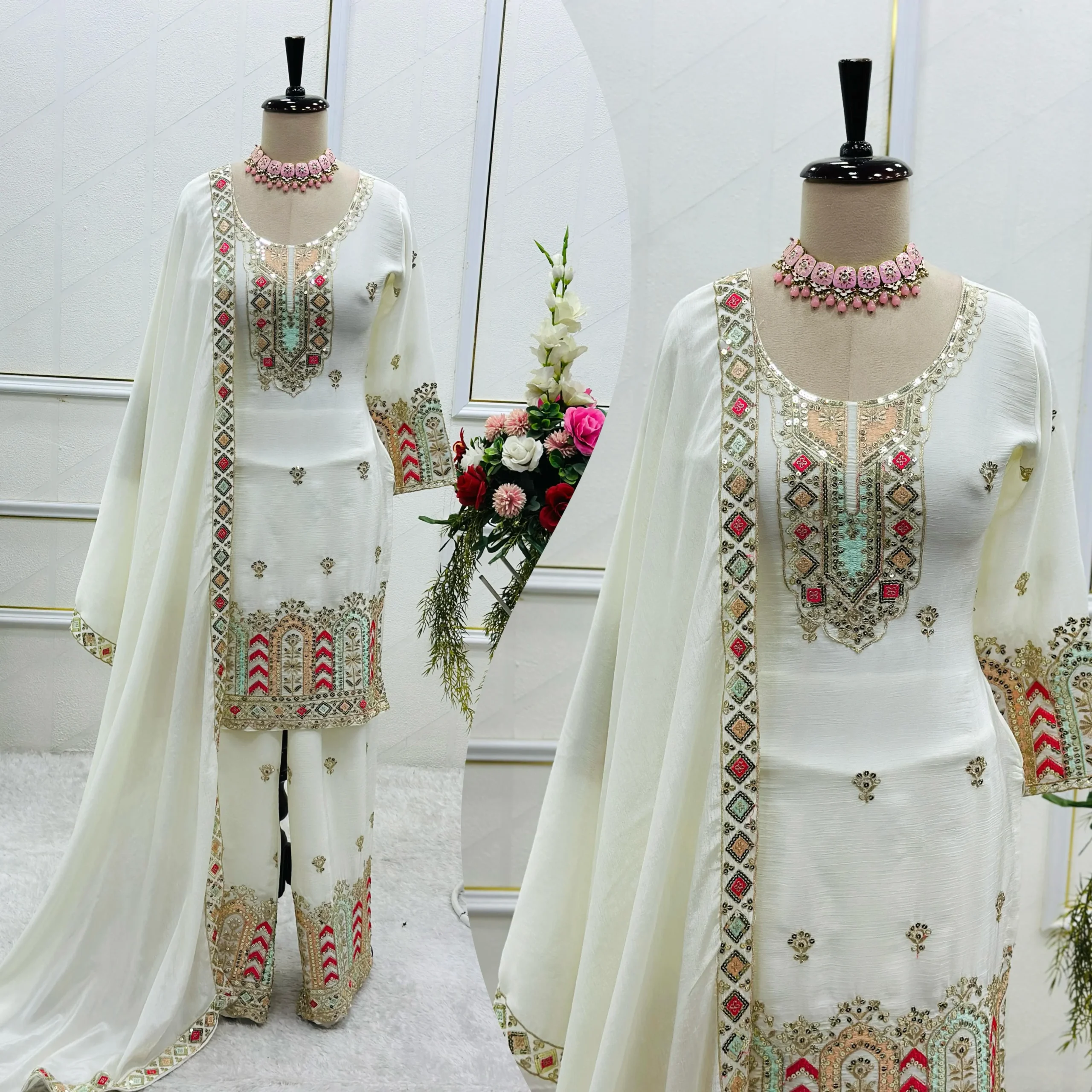 White Color Straight Salwar Suit With Multi Thread Embroidery