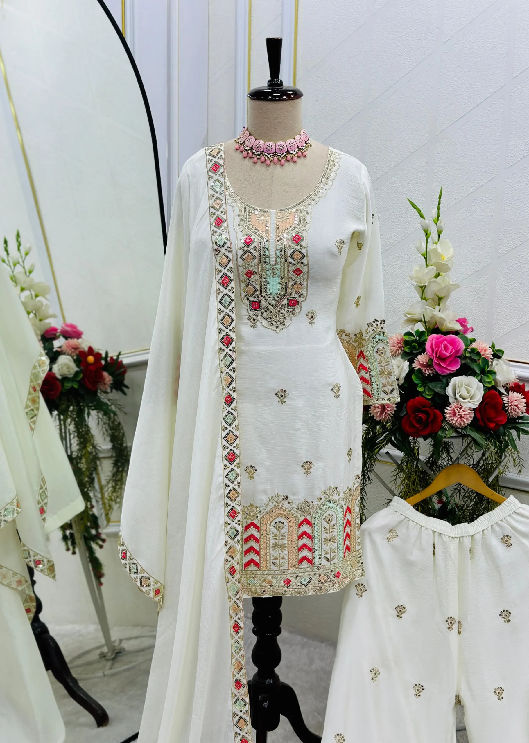 White Color Straight Salwar Suit With Multi Thread Embroidery