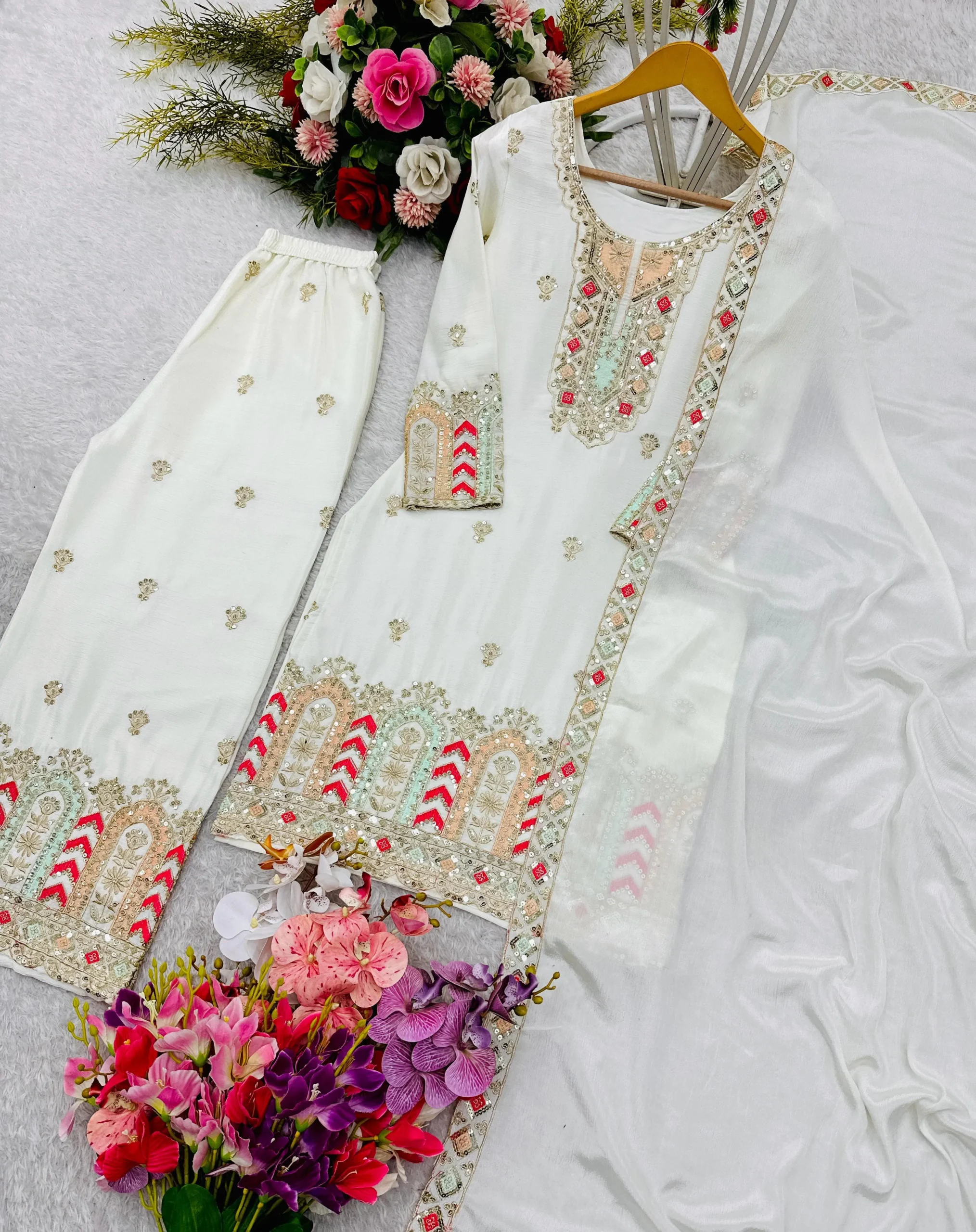 White Color Straight Salwar Suit With Multi Thread Embroidery