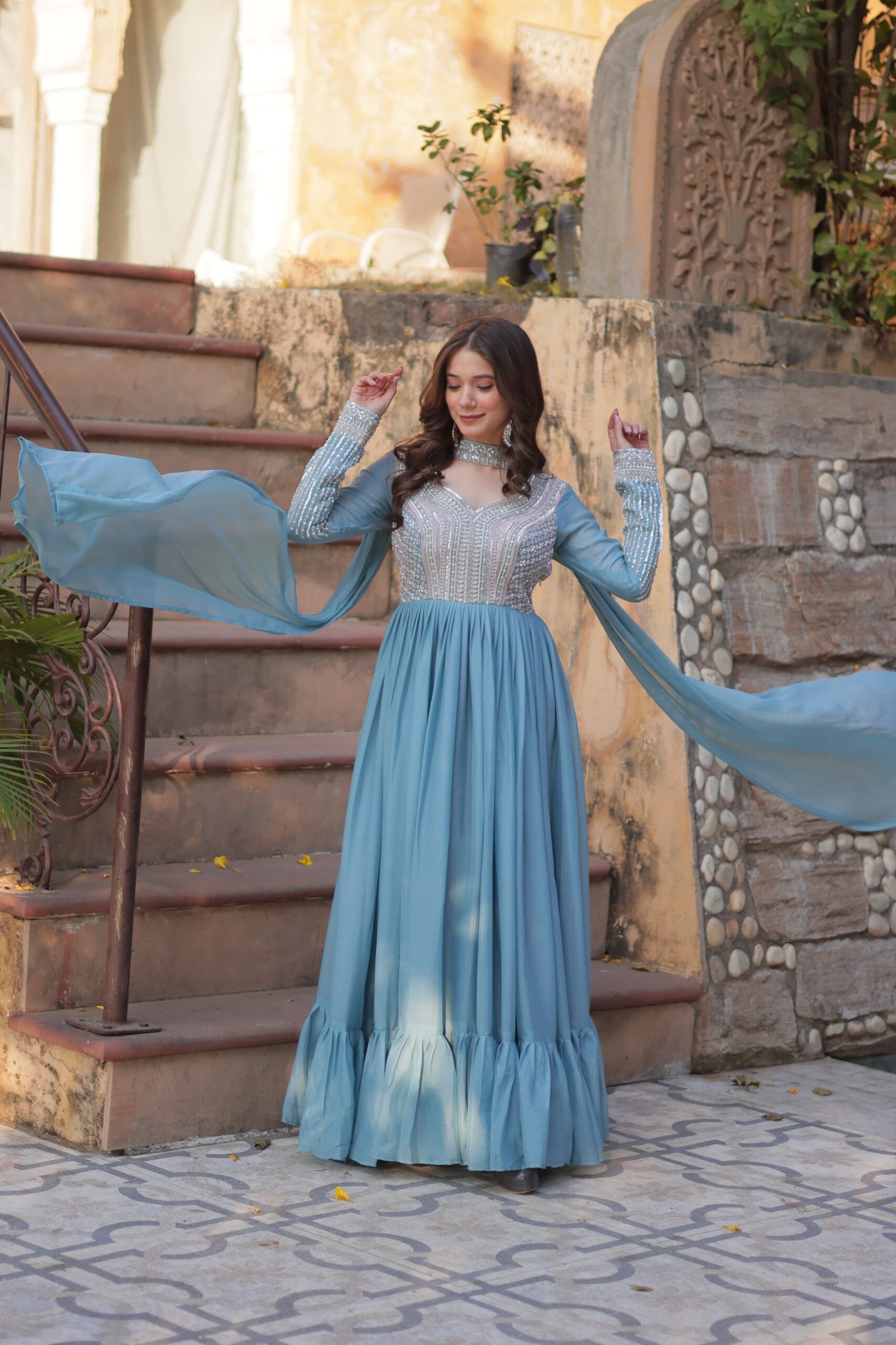 Beautiful Light Shade Anarkali Gown With Dupatta Ethnic Wear