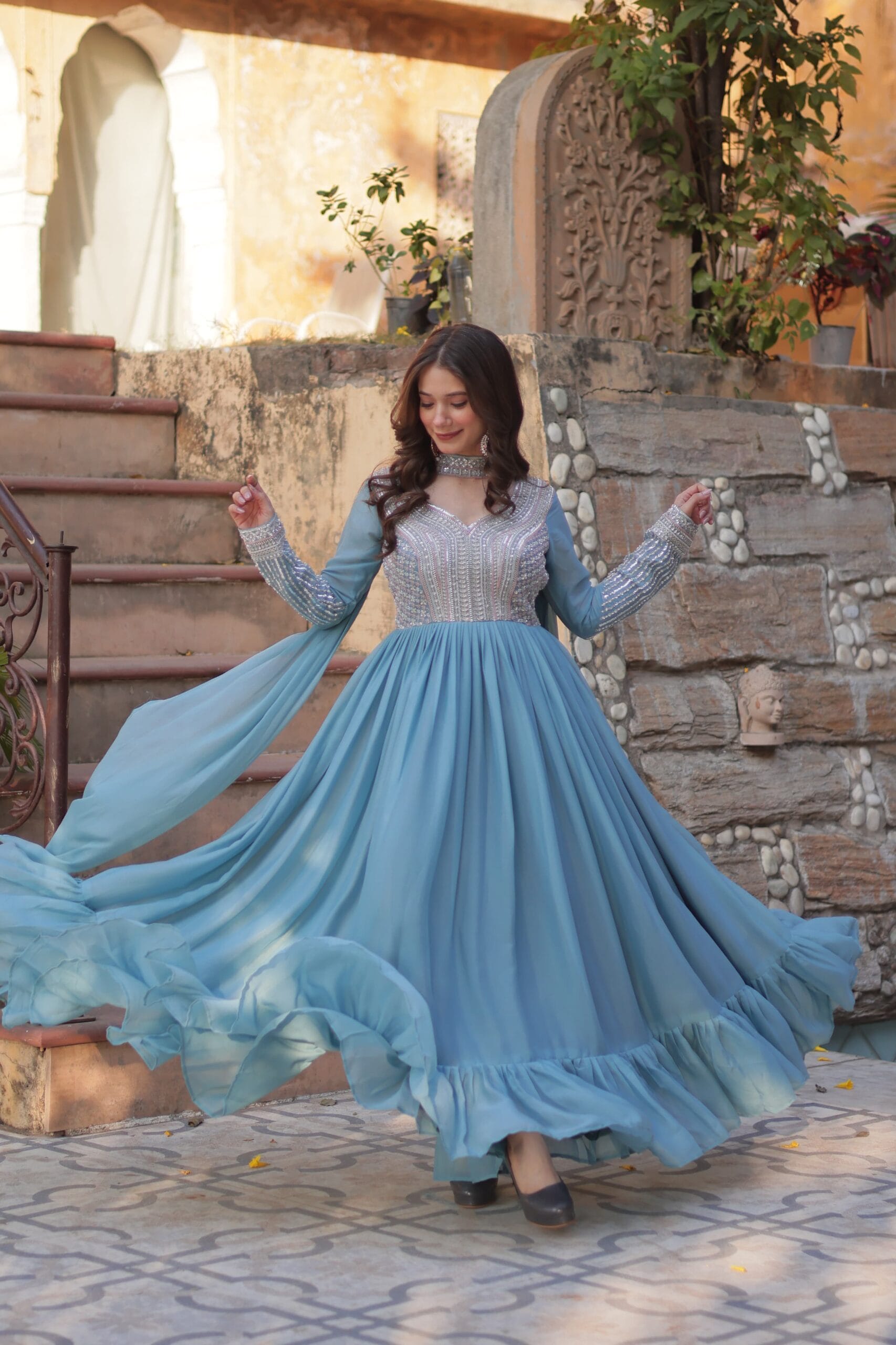 Pastel Blue Gown Wiith Dupatta