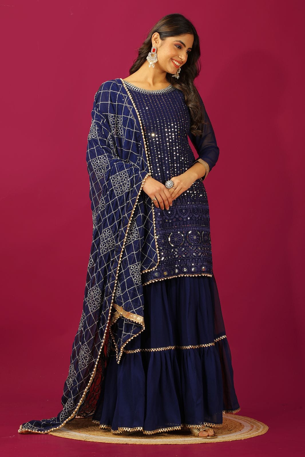 Navy Blue Chikankari Sharara Suit For Women