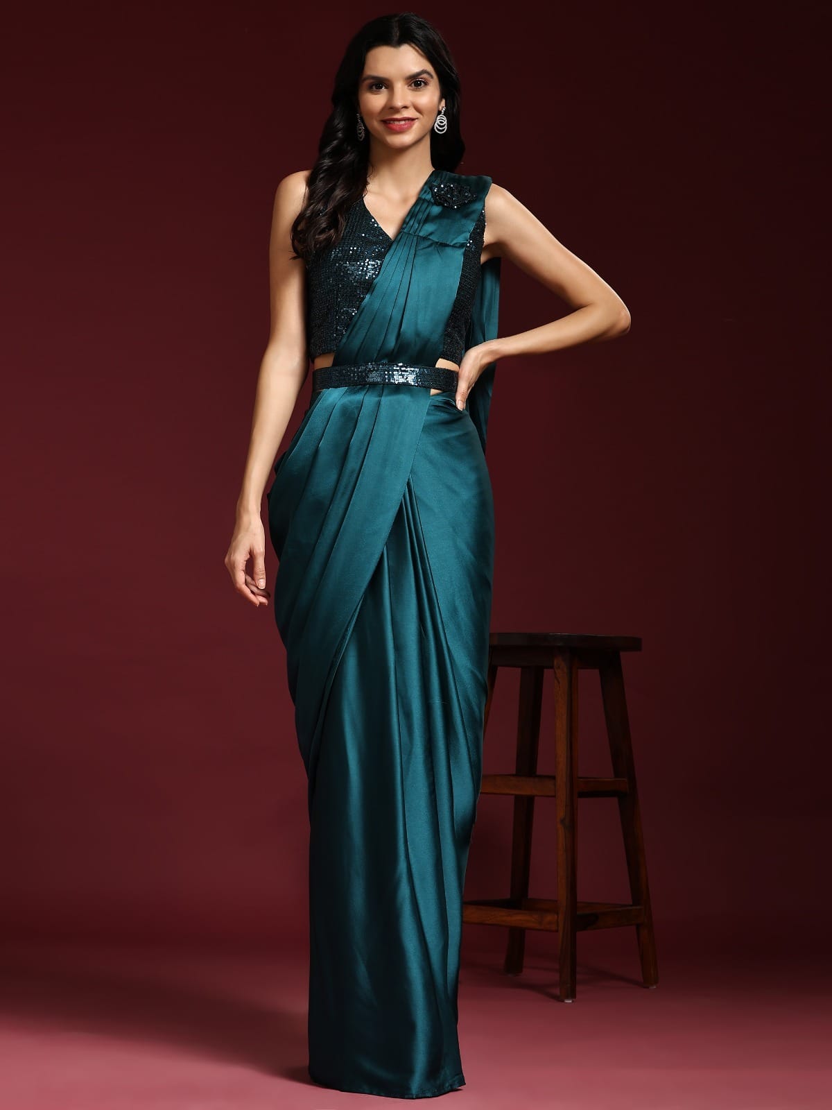Designer Ready To Wear Saree With Stitched Blouse And Belt