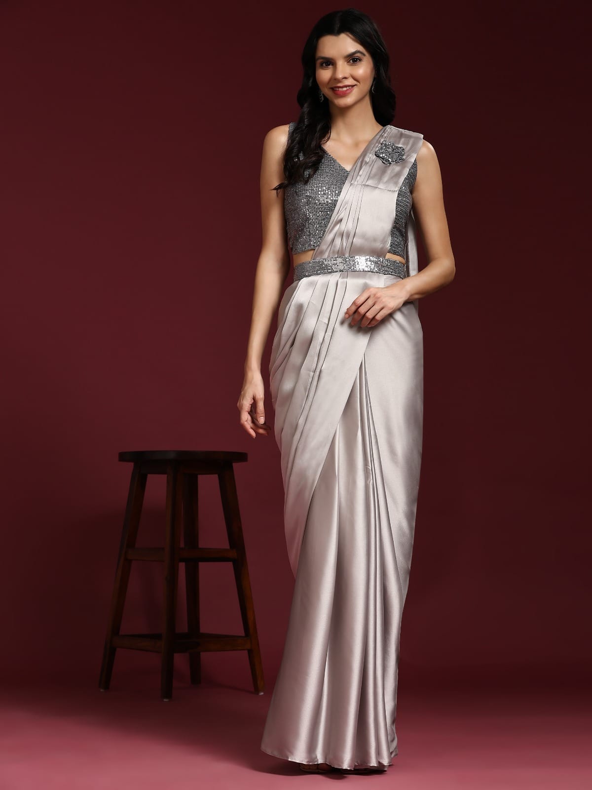 Designer Ready To Wear Saree With Stitched Blouse And Belt