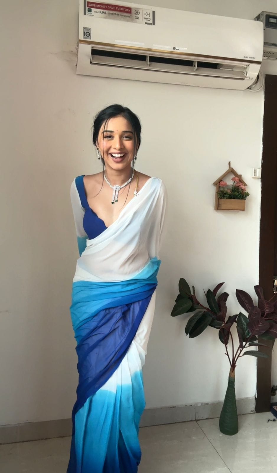 Sky Blue And White Padded Pre Draped Saree For Women