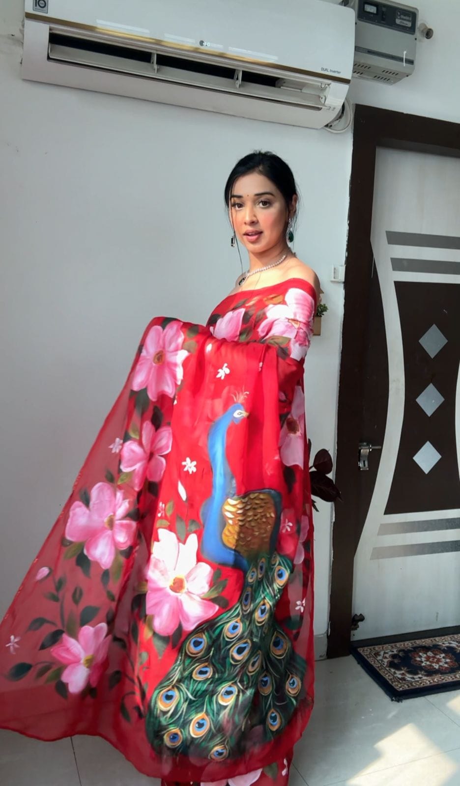 Red Color Organza Pre Draped Saree With Peacock Print