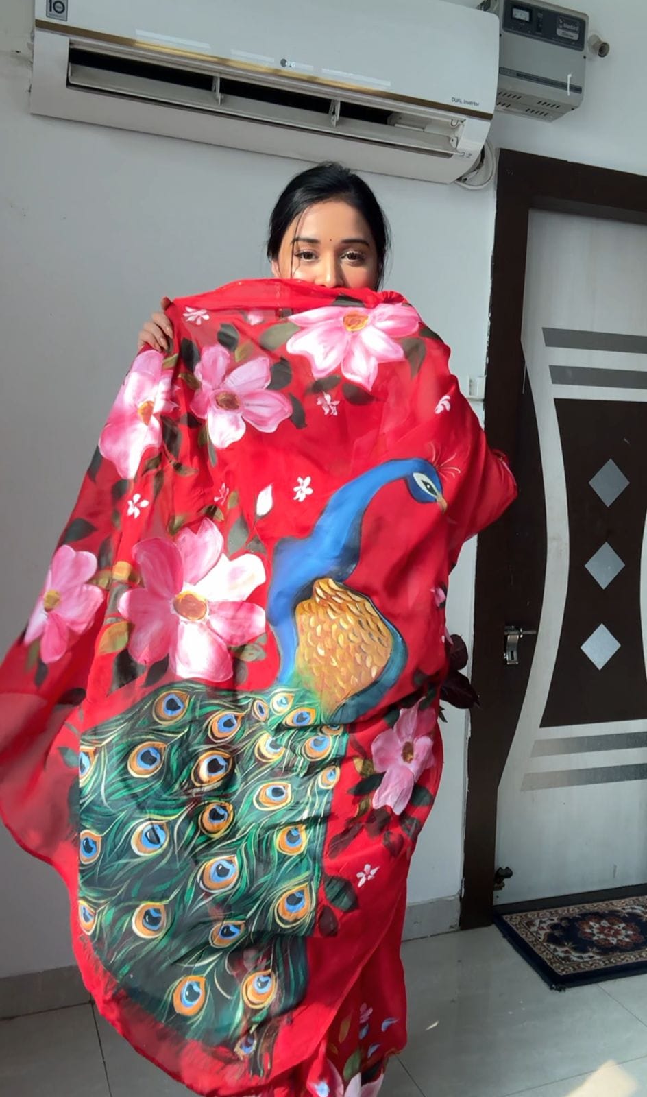 Red Color Organza Pre Draped Saree With Peacock Print