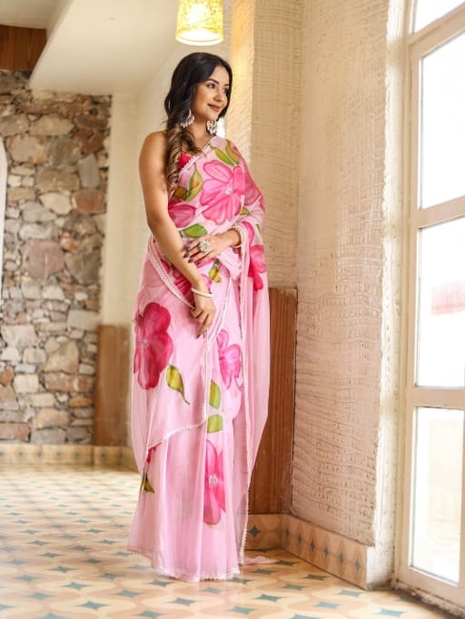 Beautifull Pink Georgette Floral Saree with Pearl Lace