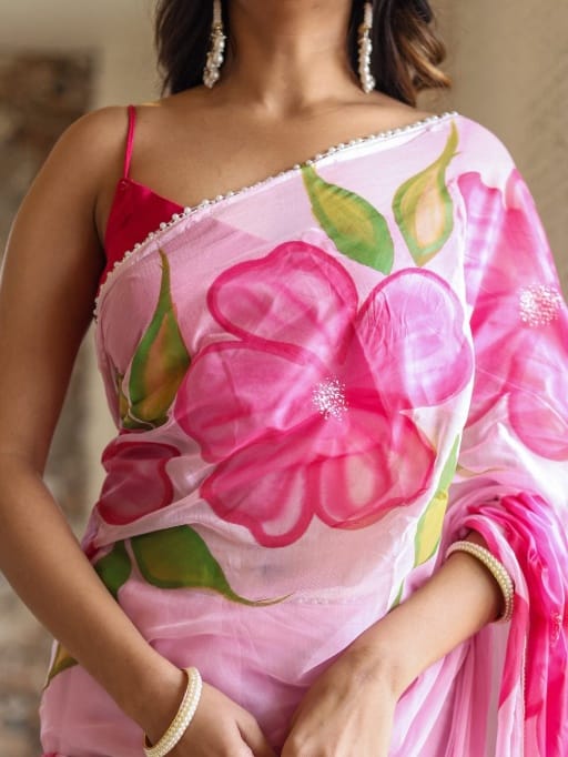 Beautifull Pink Georgette Floral Saree with Pearl Lace
