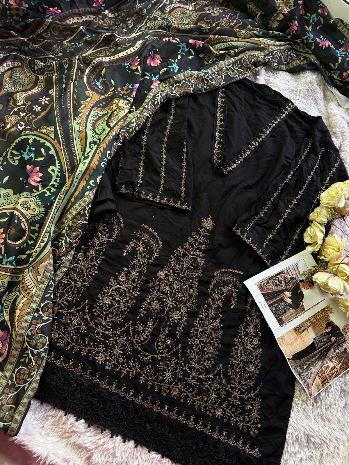 Black Cotton Pakistani Suit with Short Top