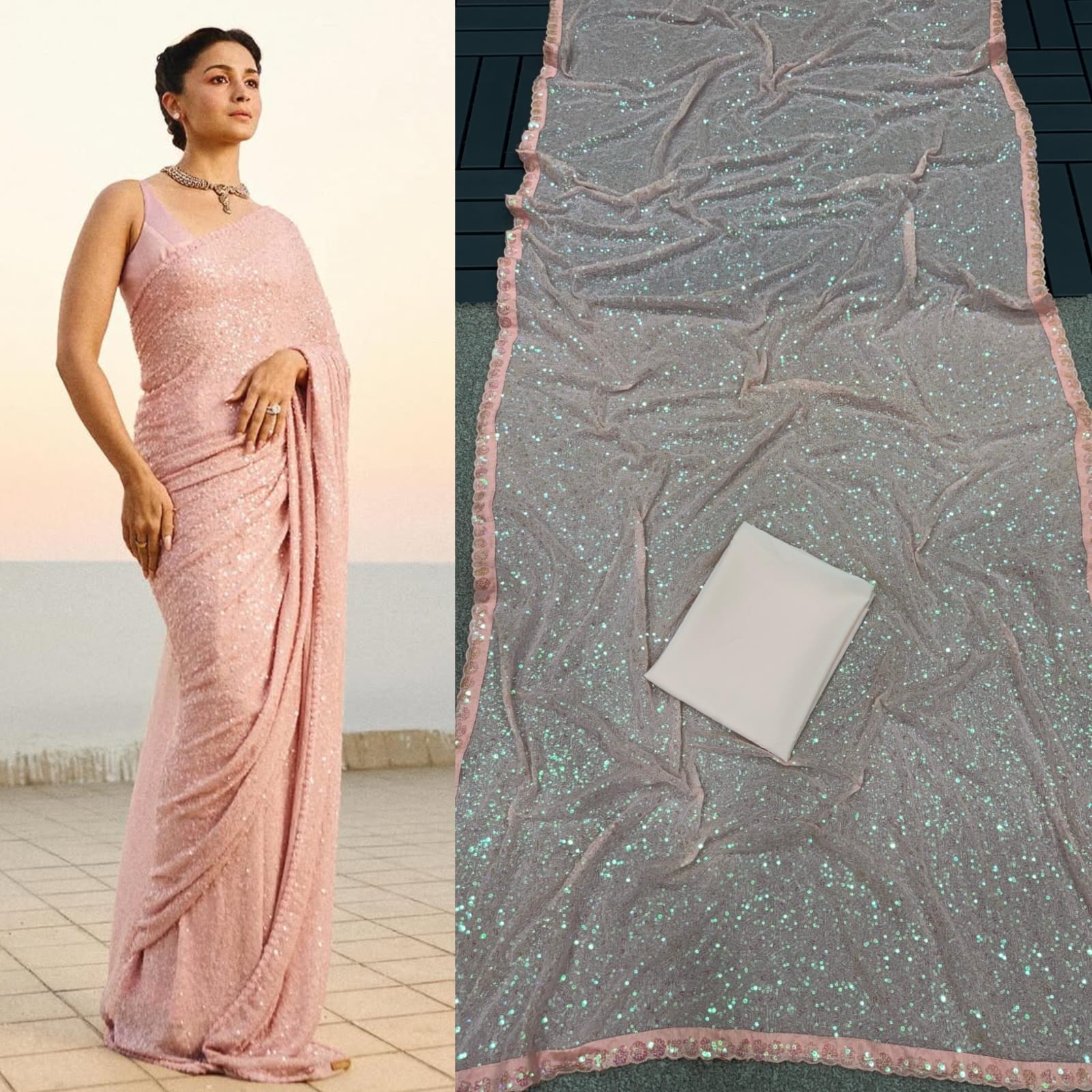 Bollywood Inspired Alia Bhat Baby Pink Sequence Saree