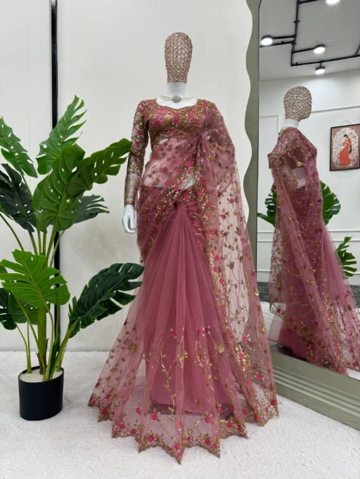 Bollywood Inspired Soft Net Saree with Flower Embroidery