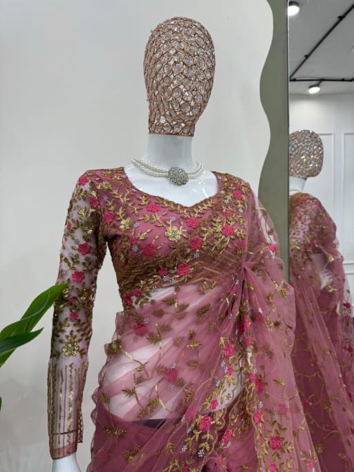 Bollywood Inspired Soft Net Saree with Flower Embroidery