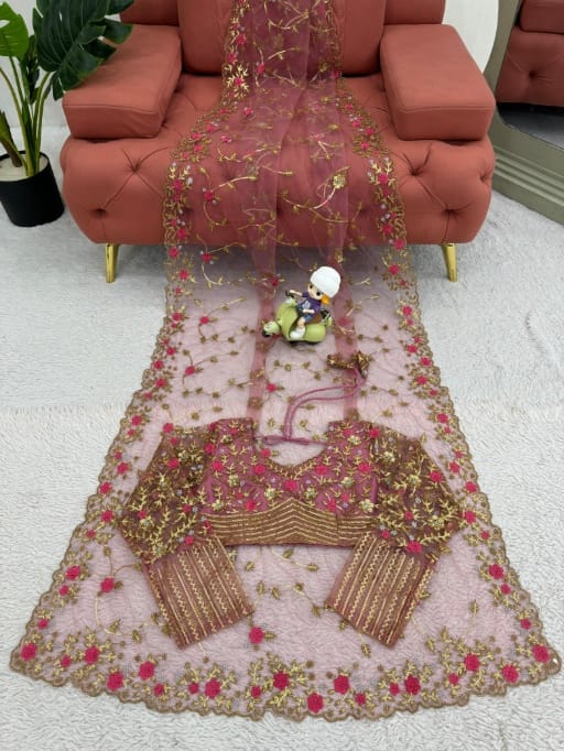 Bollywood Inspired Soft Net Saree with Flower Embroidery