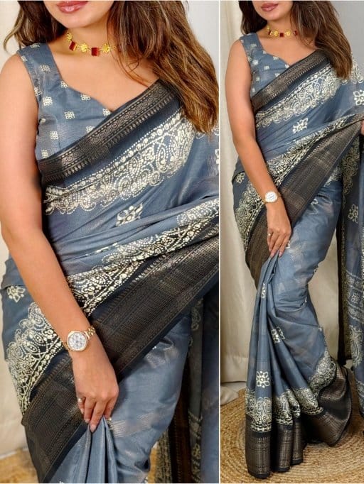 Daily Wear Cotton Silk Saree Print With Zari Border And Tassels