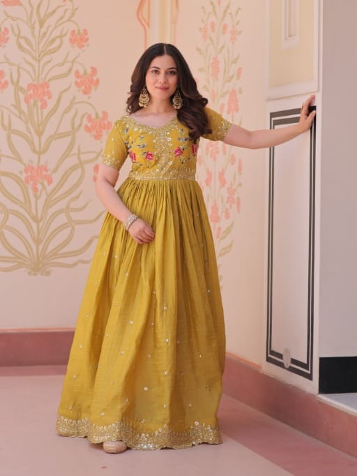 Designer Mustard Color Gown Haldi Outfit