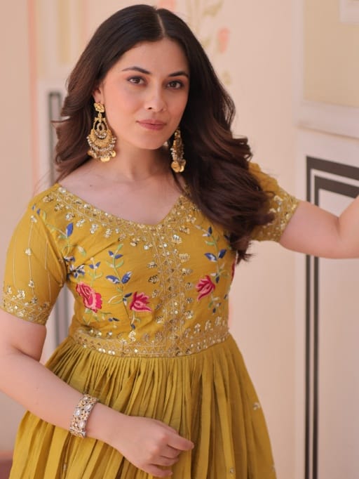 Designer Mustard Color Gown Haldi Outfit