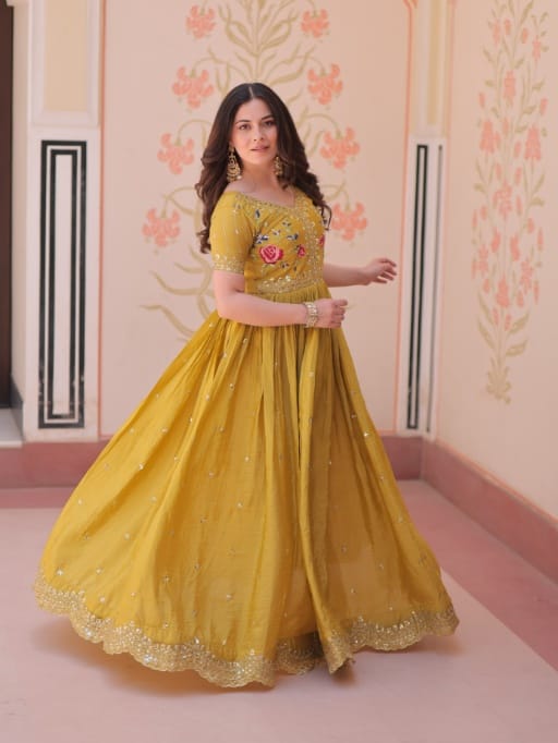 Designer Mustard Color Gown Haldi Outfit