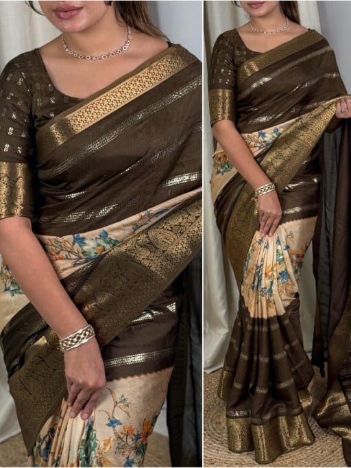 Elegant Dull Moss Printed Saree with Zari Jacquard Border & Foil Print