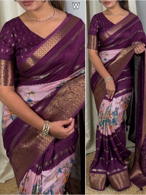 Elegant Dull Moss Printed Saree with Zari Jacquard Border & Foil Print