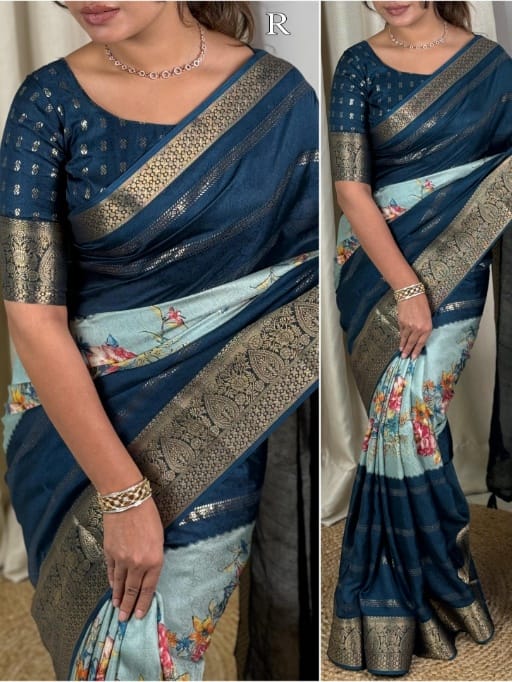 Elegant Dull Moss Printed Saree with Zari Jacquard Border & Foil Print