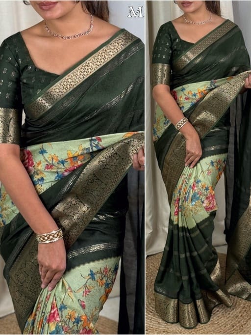 Elegant Dull Moss Printed Saree with Zari Jacquard Border & Foil Print