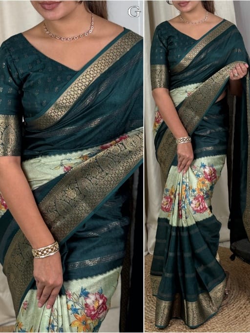 Elegant Dull Moss Printed Saree with Zari Jacquard Border & Foil Print