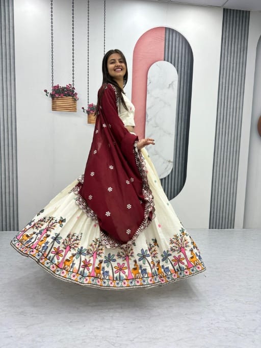 Festive Wear Cream Lehenga with Maroon Dupatta