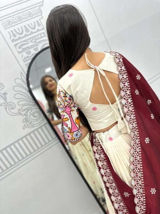 Festive Wear Cream Lehenga with Maroon Dupatta
