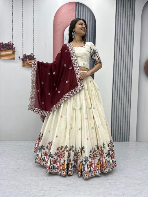 Festive Wear Cream Lehenga with Maroon Dupatta