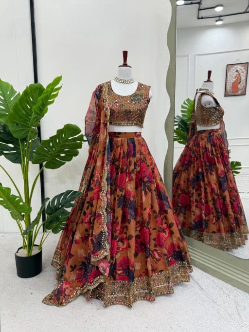 Floral Printed Organza Lehenga Choli For Party And Office Function Wear