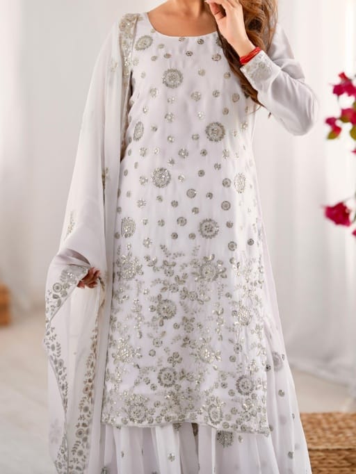 Heavy Sequence Work White Sharara Salwar Suit for Wedding