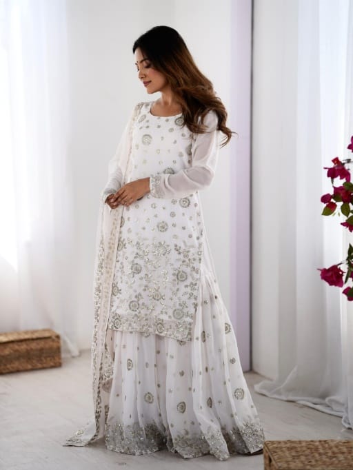 Heavy Sequence Work White Sharara Salwar Suit for Wedding