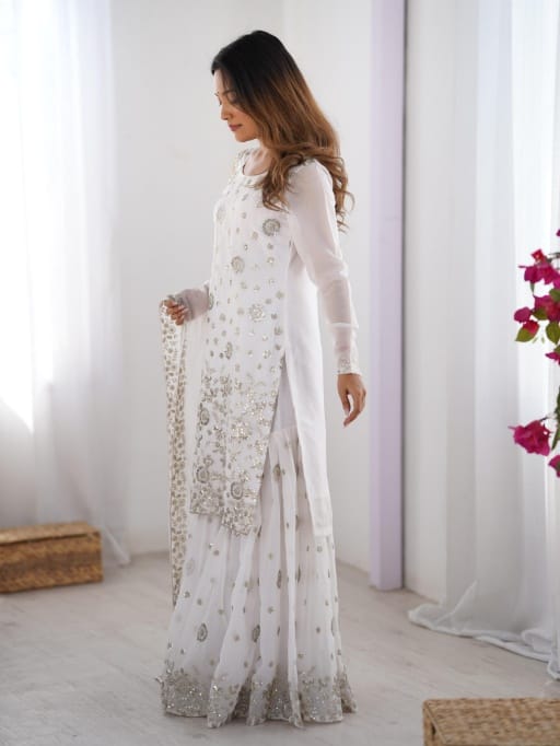 Heavy Sequence Work White Sharara Salwar Suit for Wedding