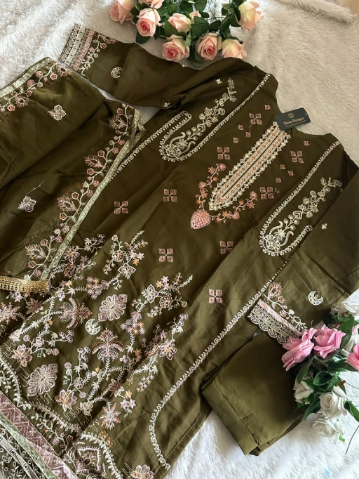 Mehendi Color Organza Pakistani Suit