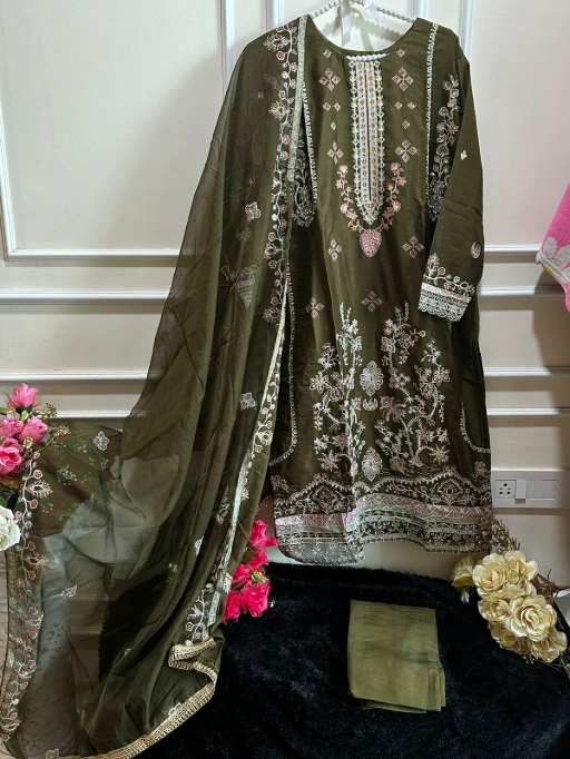 Mehendi Color Organza Pakistani Suit
