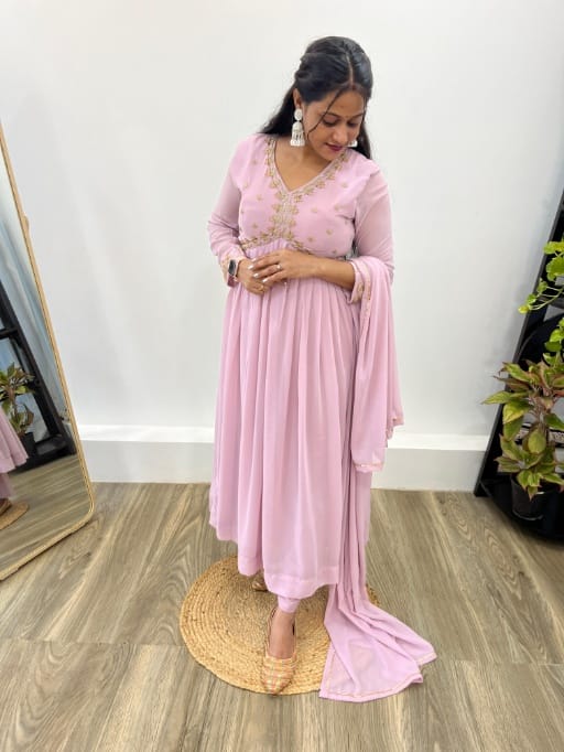Party Wear Pink Color Handwork Gown with Dupatta