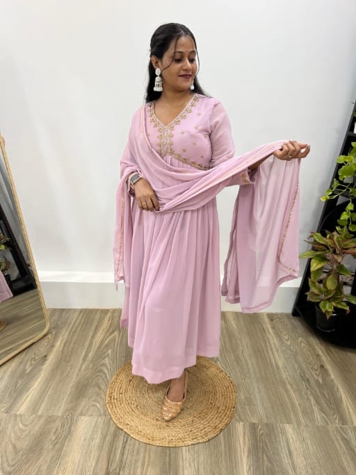 Party Wear Pink Color Handwork Gown with Dupatta