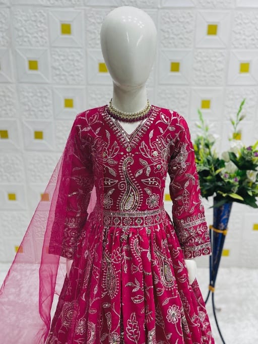 Pink Color Heavy Embroidery Work Kids Gown