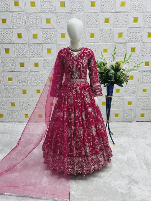 Pink Color Heavy Embroidery Work Kids Gown