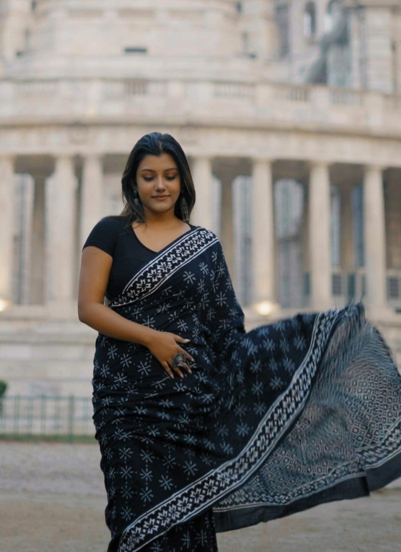 Ready To Wear Black Color Soft Linen Saree with Digital Print