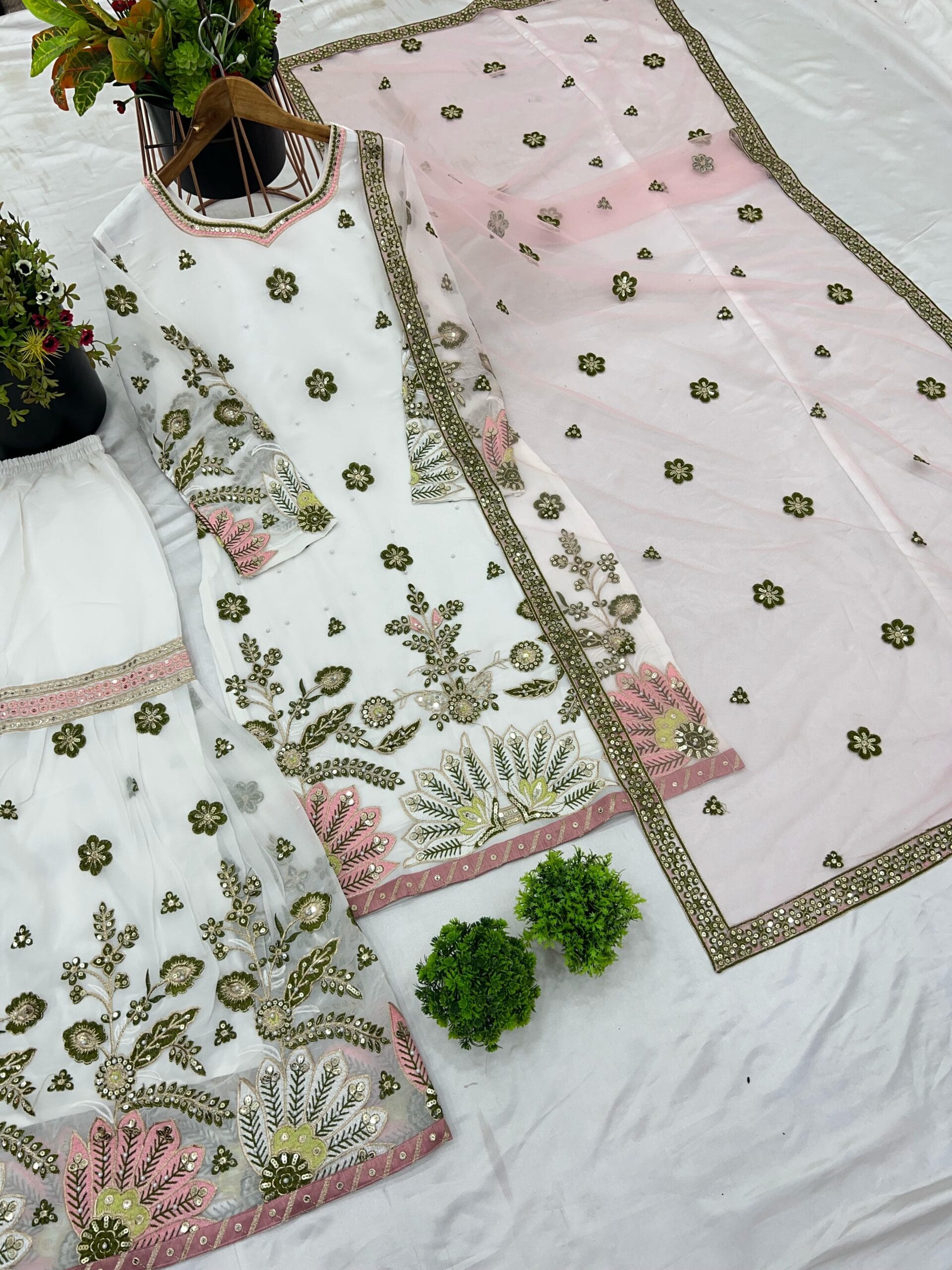 Readymade White Sharara with Multicolor Embroidery