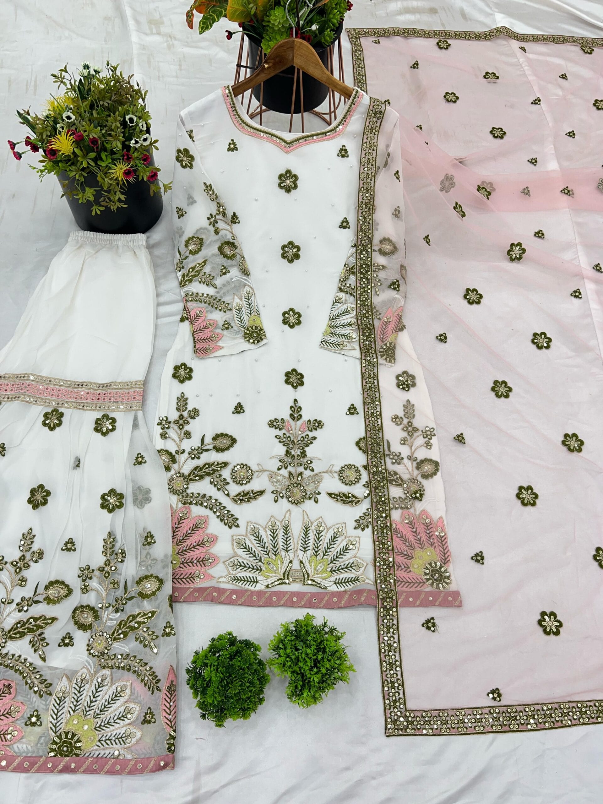 Readymade White Sharara with Multicolor Embroidery