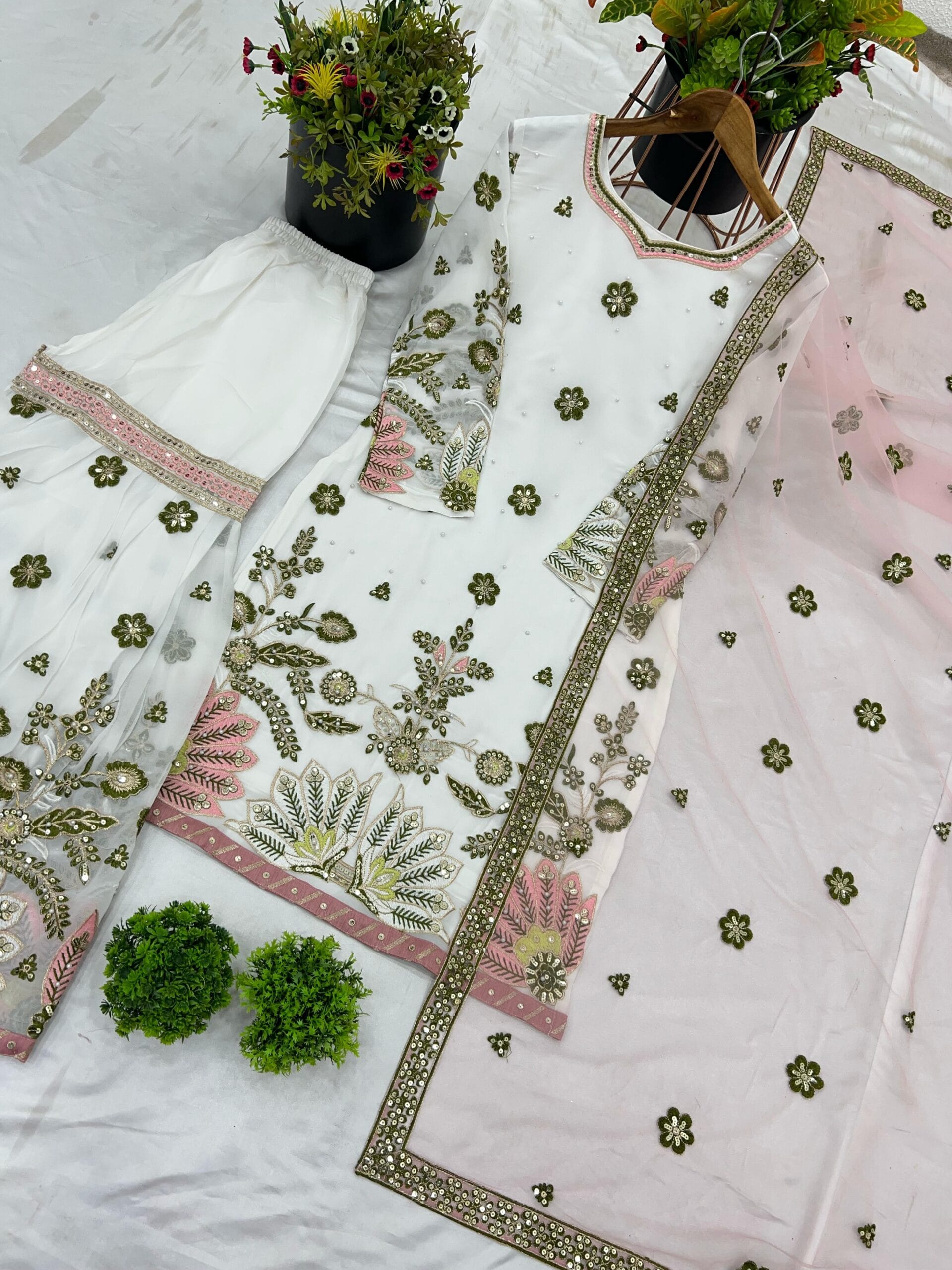 Readymade White Sharara with Multicolor Embroidery