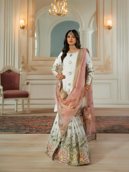 Readymade White Sharara with Multicolor Embroidery