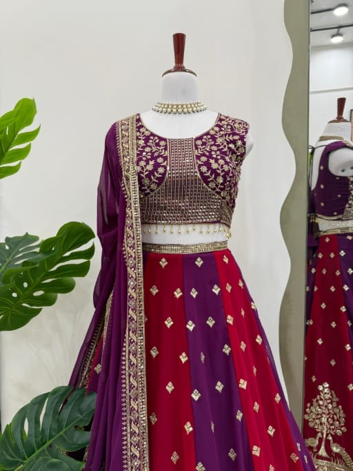 Red And Purple Wedding Wear Peacock Embroidery Lehenga Choli